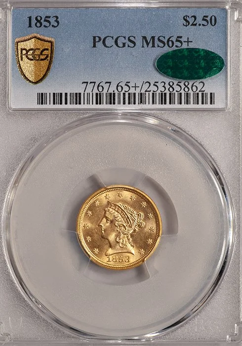Quarter Eagle. 1853 $2.50 gold coin. PCGS MS65+ CAC.
