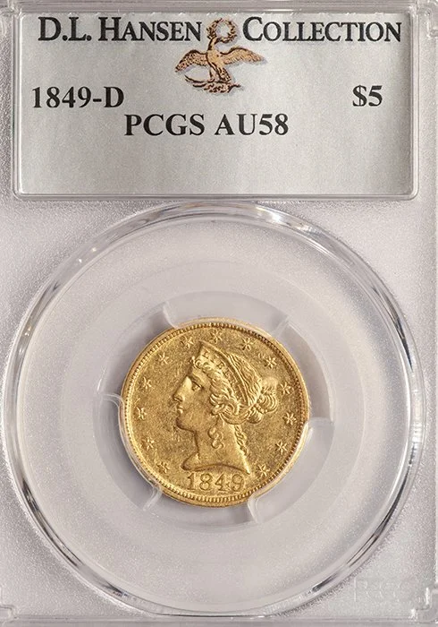 Half Eagle. 1849-D Dahlonega $5 gold coin. PCGS AU58.
