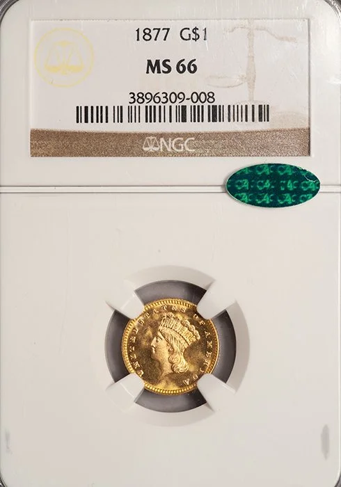 Gold Dollar. 1877 $1 gold coin. NGC MS66 CAC.
