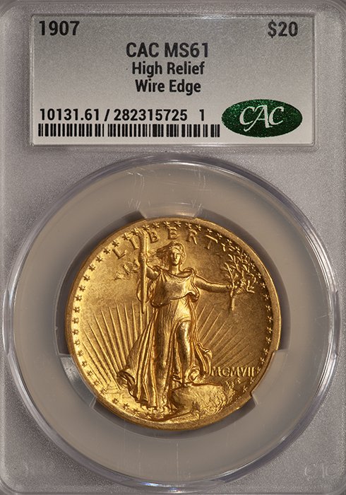 Double Eagle. MCMVII (1907) St. Gaudens High Relief, Wire Edge, $20 gold coin. CACG MS61.