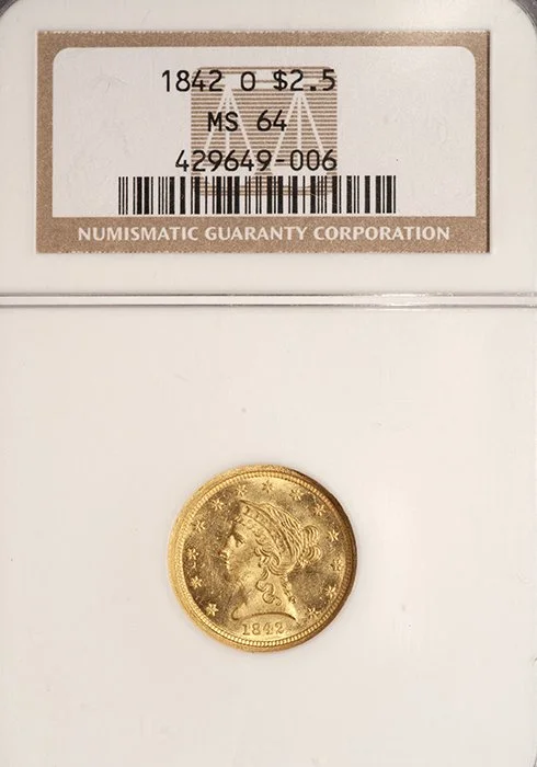 Quarter Eagle. 1842-O New Orleans $2.50 gold coin. NGC MS64.
