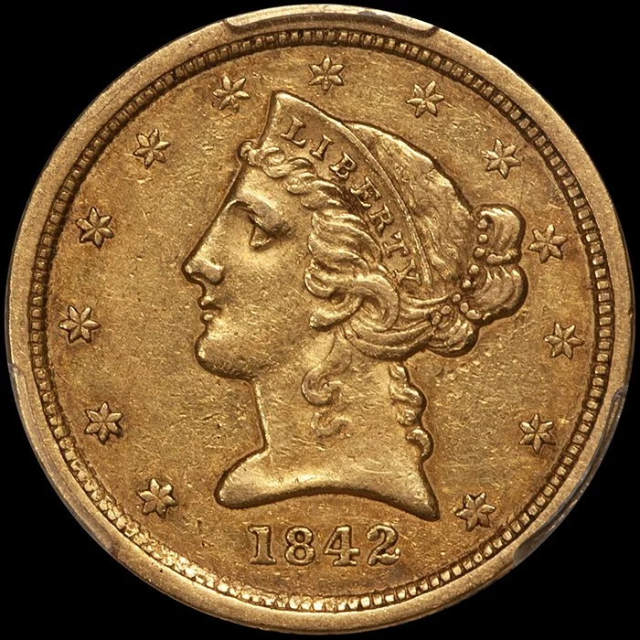 Half Eagle. 1842-C Charlotte $5.00 gold coin. PCGS EF45 CAC.