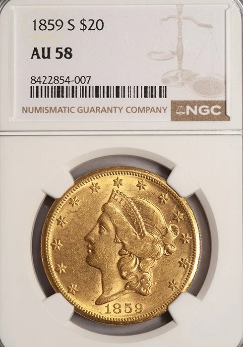 Double Eagle. 1859-S San Francisco $20 gold coin. NGC AU58.