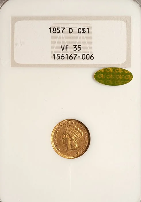 Gold Dollars. 1857-D Dahlonega $1.00 gold coin. NGC VF35. CAC Gold Sticker.