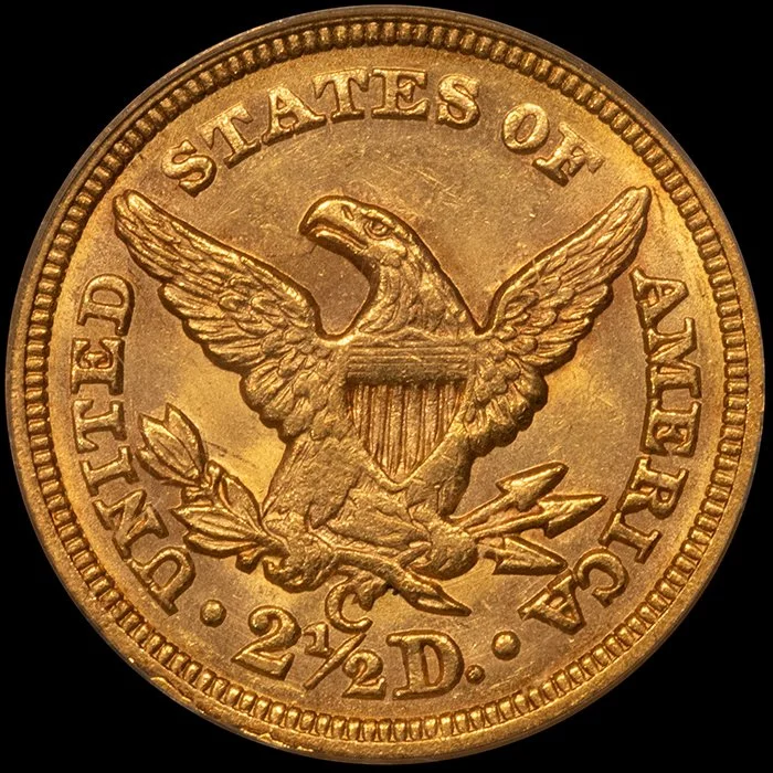 Quarter Eagle. 1855-C Charlotte $2.50 gold coin. PCGS MS62 CAC.