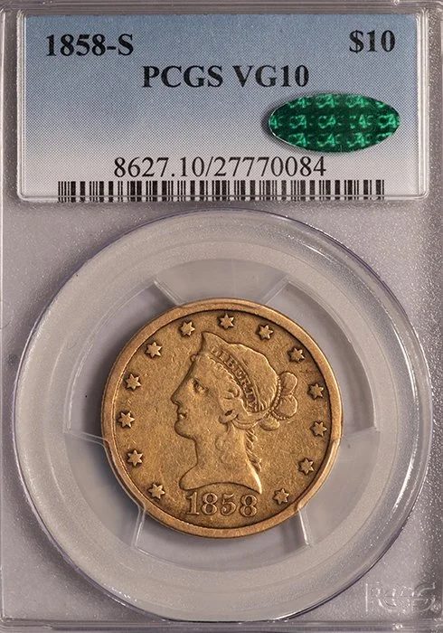 Eagle. 18589-S San Francisco $10 gold coin. PCGS VG10 CAC.
