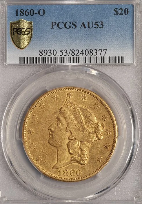 Double Eagle. 1860-O New Orleans $20 gold coin. PCGS MS63.