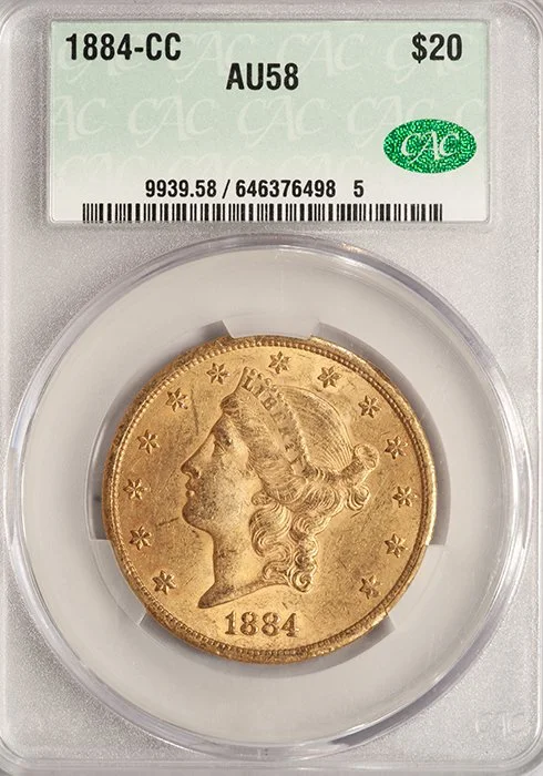 Double Eagle. 1884-CC Carson City $20 gold coin. CACG AU58.