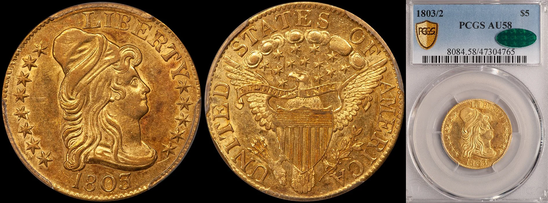 JUST ADDED - $5.00 - 1803/2 PCGS AU58 CAC