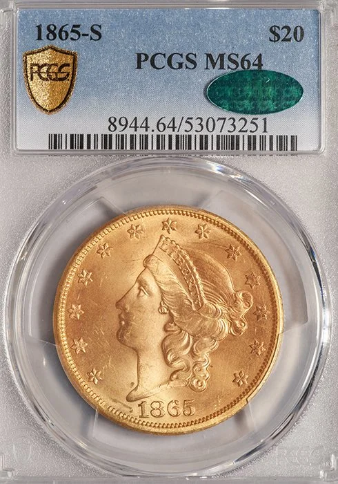 Double Eagle. 1865-S San Francisco $20 gold coin. PCGS MS64 CAC.