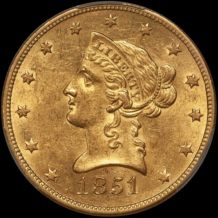Eagle. 1851-O New Orleans $10.00 gold coin. PCGS AU58.