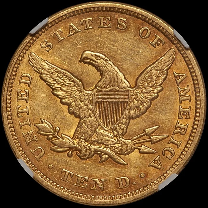 Eagle. 1850 Small Date $10 gold coin. NGC AU58 CAC.