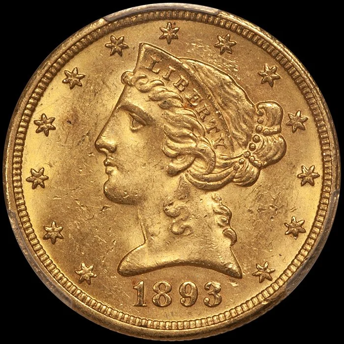 Half Eagle. 1893-O New Orleans $5 gold coin. PCGS MS62+ CAC.