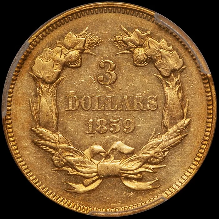Three Dollars. 1859 Proof $3.00 gold coin. PCGS PR58. JD-2.
