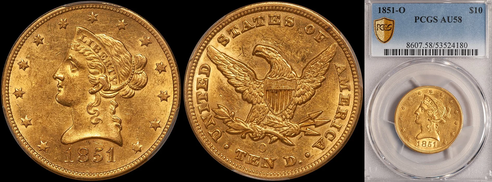 Eagle. 1851-O New Orleans $10.00 gold coin. PCGS AU58.