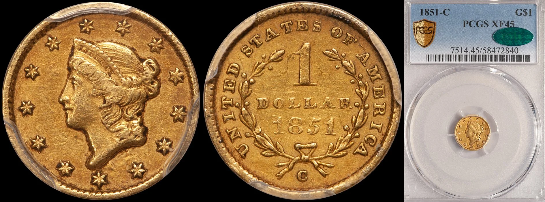Gold Dollar. 1851-C Charlotte $1 gold coin. PCGS EF45 CAC.