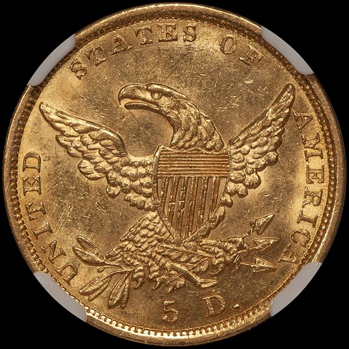 Half Eagle. 1836 $5 gold coin. NGC AU58 CAC.