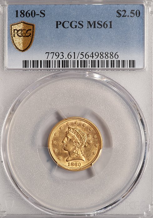 Quarter Eagle. 1860-S San Francisco $2.50 gold coin. PCGS MS61.