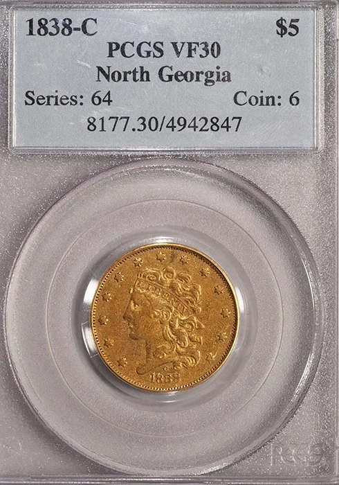Half Eagle. 1838-C Charlotte $5.00 gold coin. PCGS VF30.