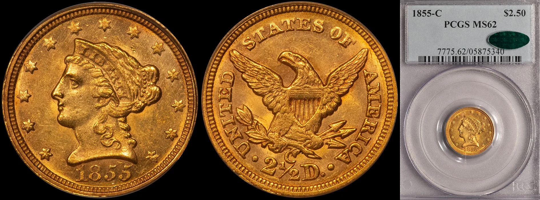JUST ADDED - $2.50 - 1855-C PCGS MS62 CAC