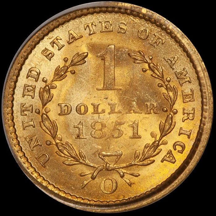 Gold Dollar. 1851-O New Orleans $1 gold coin. PCGS MS65 CAC.
