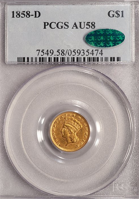 Gold Dollar. 1858-D Dahlonega $1.00 gold coin. PCGS AU58 CAC.