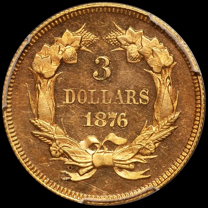 Three Dollars. 1871 J-1482 Pattern $3 gold coin. Gilt. PCGS PR66CAM.