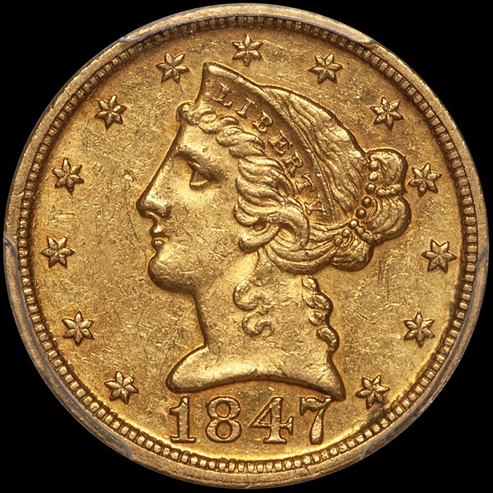 Half Eagle. 1847-D Dahlonega $5 gold coin . PCGS AU58 CAC.