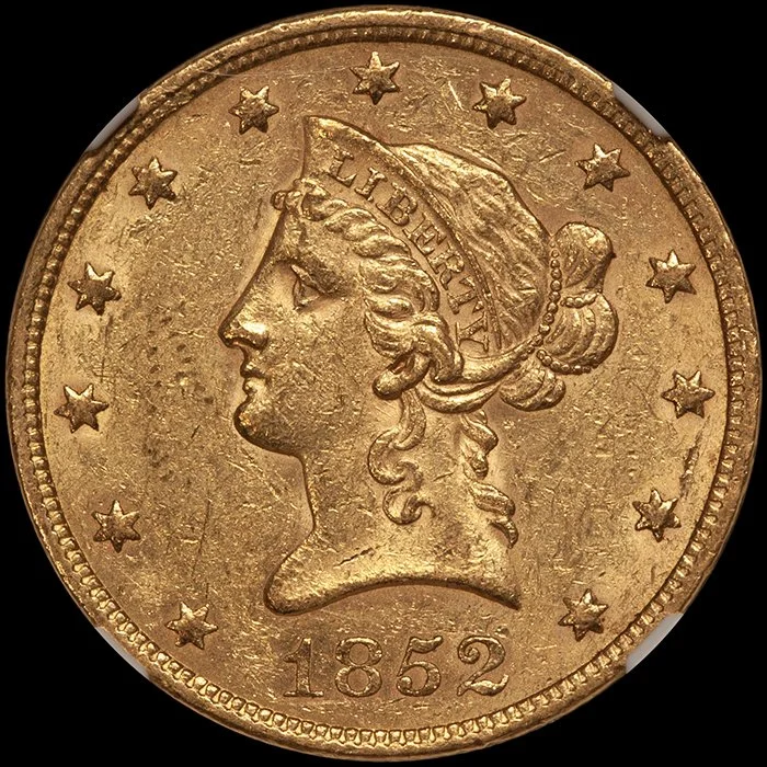 Eagle. 1852 $10 gold coin. NGC AU58 CAC.