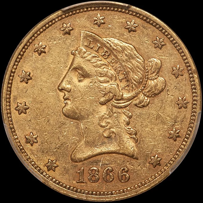 Eagle. 1866 Motto $10 gold coin. PCGS EF45 CAC.