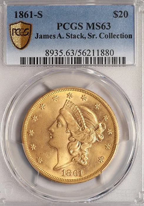 Double Eagle. 1861-S San Francisco $20 gold coin. PCGS MS63.