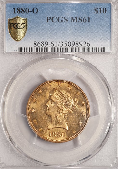 Eagle. 1880-O New Orleans $10 gold coin. PCGS MS61.