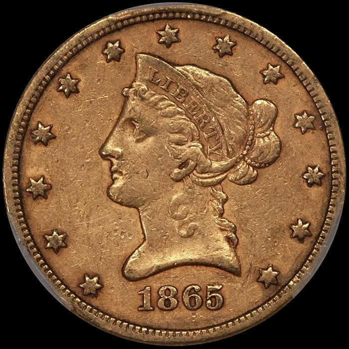 Eagle. 1865-S San Francisco $10 gold coin. PCGS EF45, Fairmont.