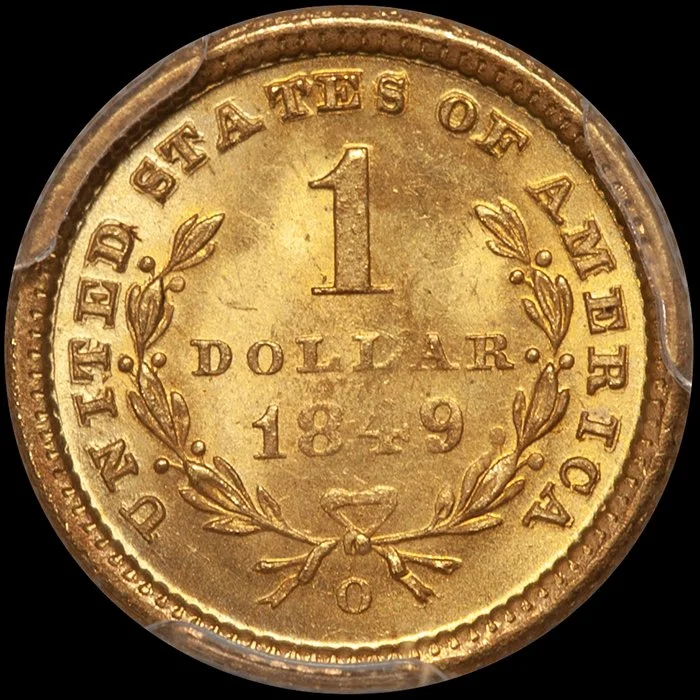 Gold Dollar. 1849-O $1 gold coin. Open Wreath. PCGS MS65+.