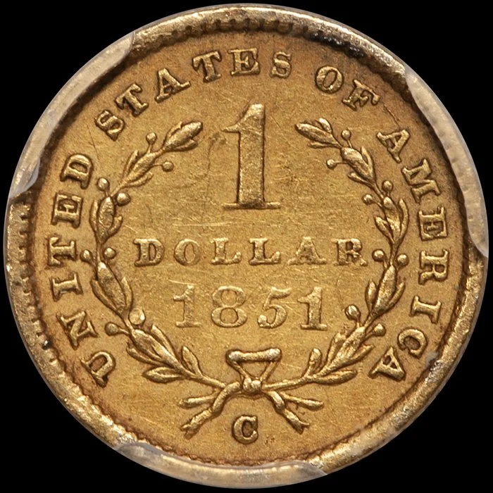 Gold Dollar. 1851-C Charlotte $1 gold coin. PCGS EF45 CAC.