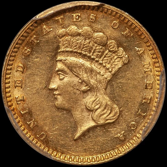Gold Dollar. 1865 $1.00 gold coin. PCGS MS61.