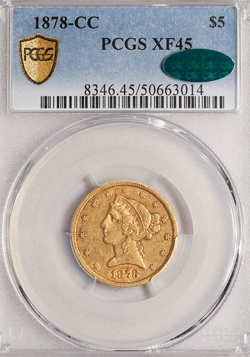 Half Eagle. 1878-CC Carson City $5 gold coin. PCGS EF45 CAC.