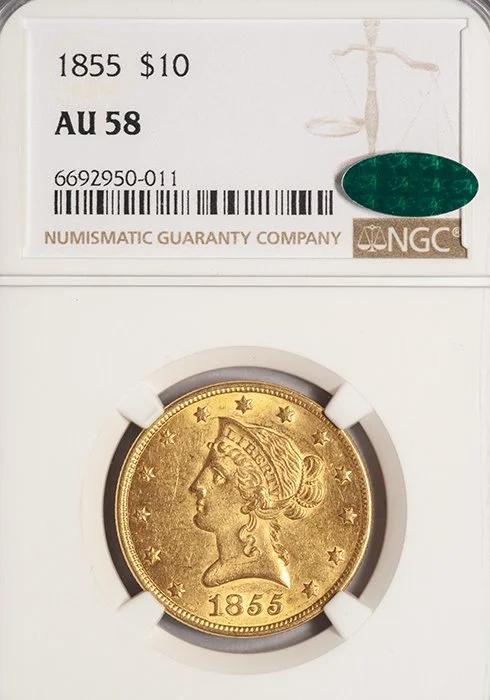 Eagle. 1855 $10 gold coin. NGC AU58 CAC.