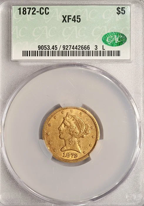 Half Eagle. 1872-CC Carson City $5.00 gold coin. CACG EF45.