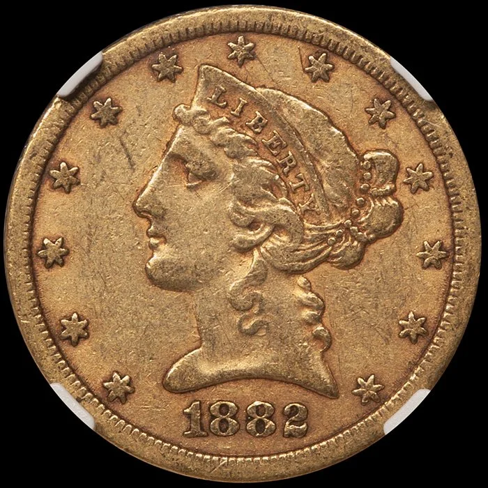Half Eagle. 1882-CC Carson City $5 gold coin. NGC EF40 CAC.