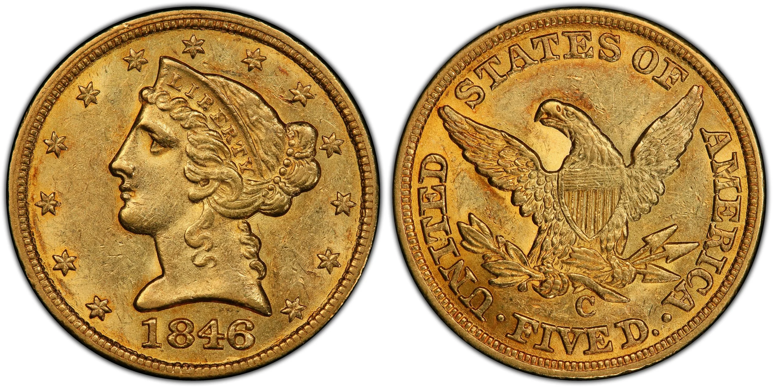 1846-C $5.00 PCGS MS61, courtesy of PCGS