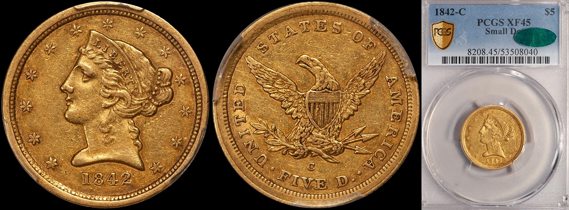 Half Eagle. 1842-C Charlotte $5.00 gold coin. PCGS EF45 CAC.