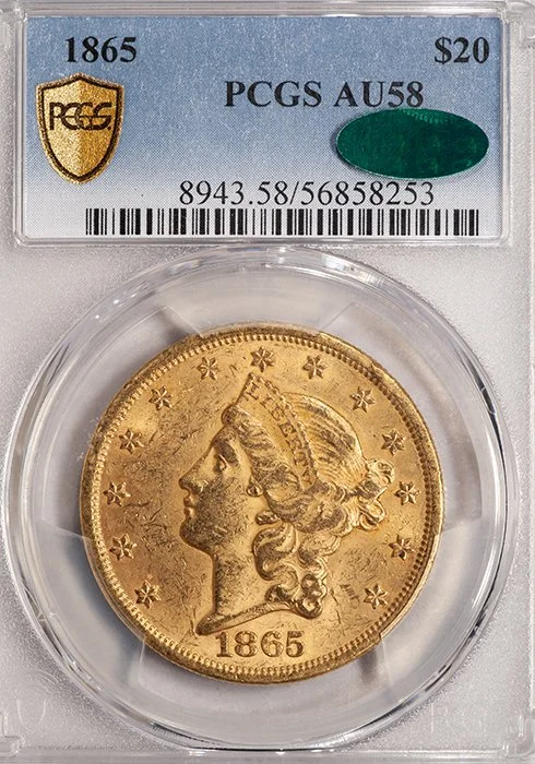 Double Eagle. 1865 $20 gold coin. PCGS AU58 CAC.