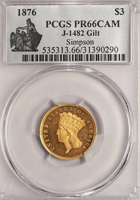Three Dollars. 1871 J-1482 Pattern $3 gold coin. Gilt. PCGS PR66CAM.