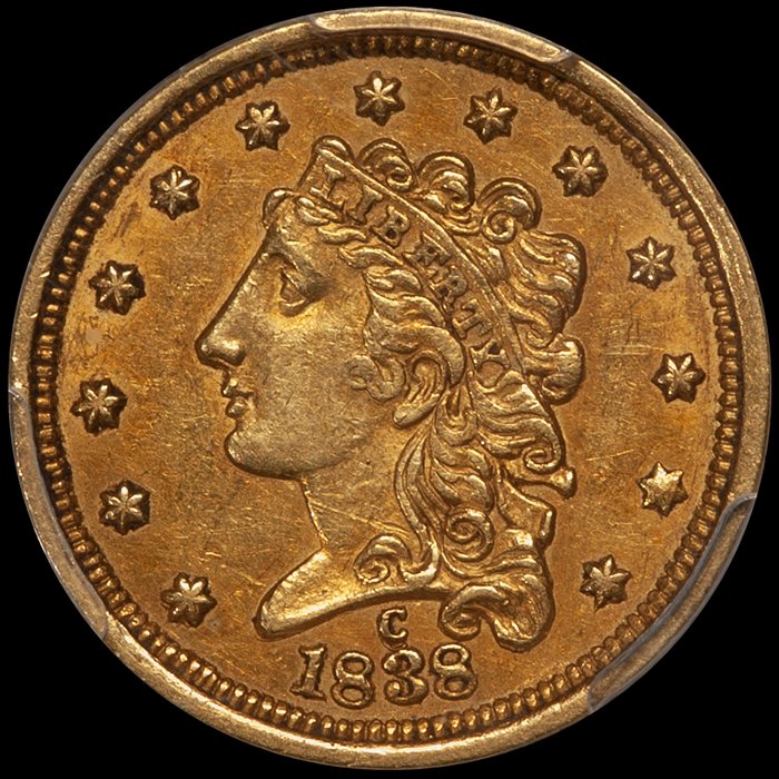 Quarter Eagle. 1838-C Charlotte $2.50 gold coin. PCGS AU58 CAC.