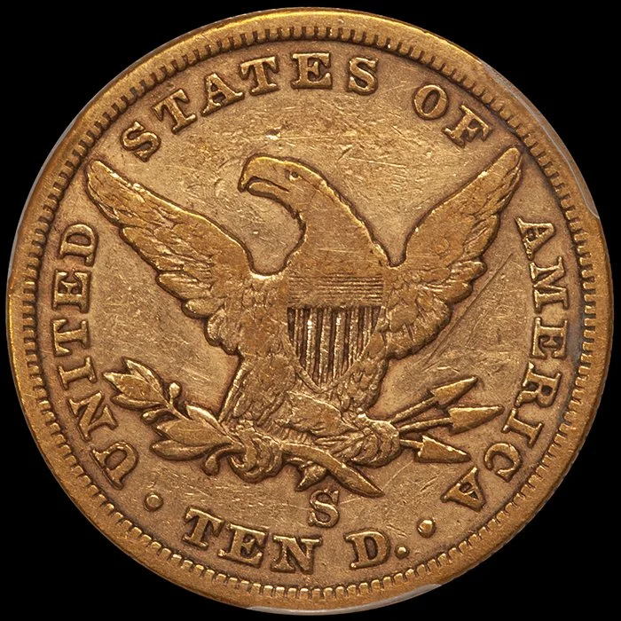 Eagle. 1865-S $10 gold coin. PCGS VF25.