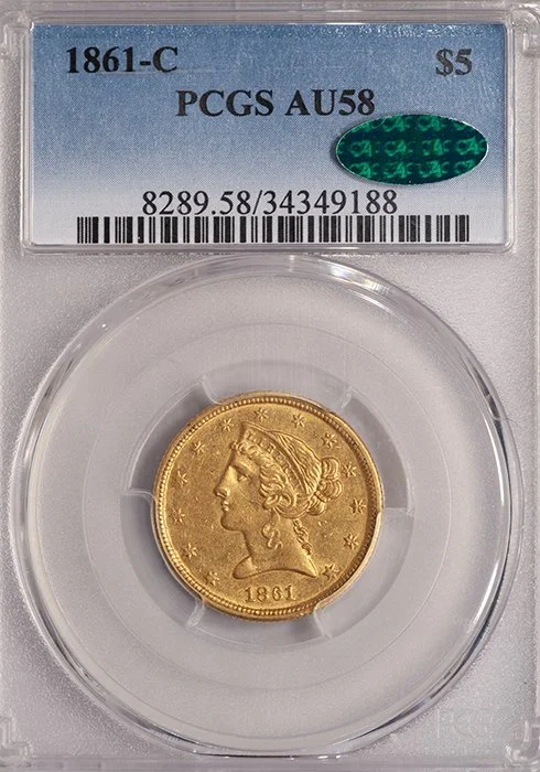 Half Eagle. 1861-C Charlotte $5.00 gold coin. PCGS AU58 CAC.