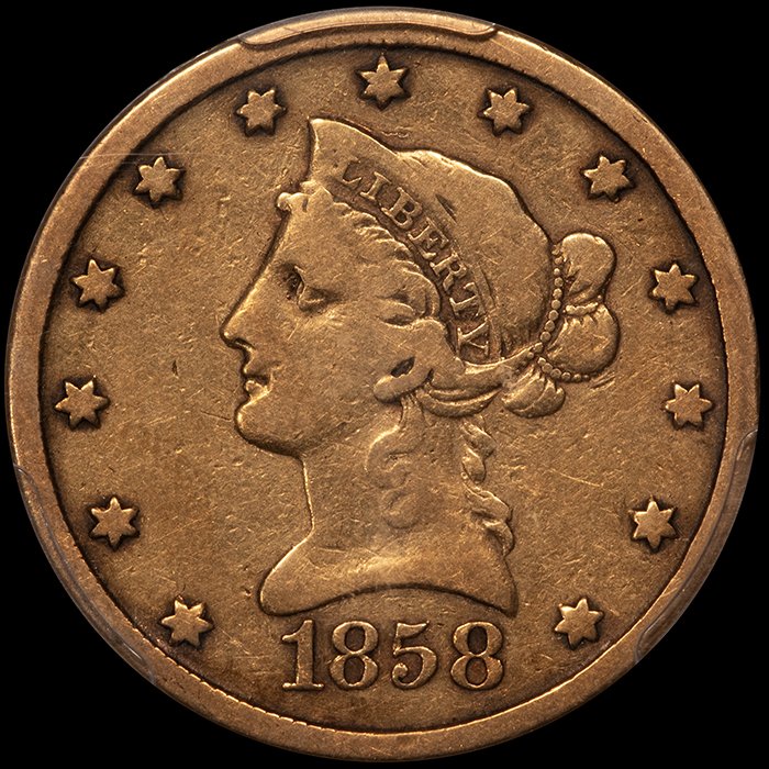Eagle. 18589-S San Francisco $10 gold coin. PCGS VG10 CAC.