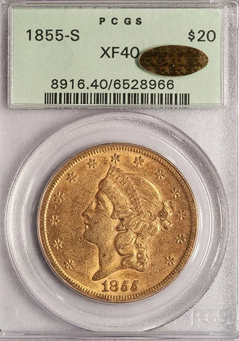 Double Eagle. 1855-S San Francisco $20 gold coin. PCGS EF40 CAC Gold sticker. OGH.