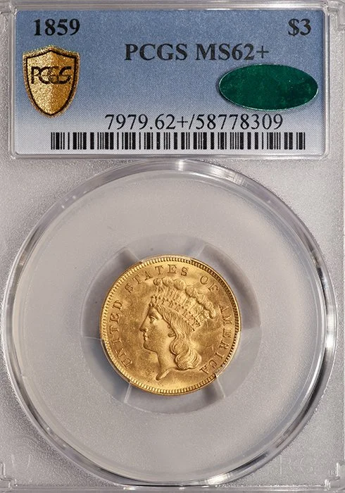 Three Dollars. 1859 $3 gold coin. PCGS MS62+ CAC.